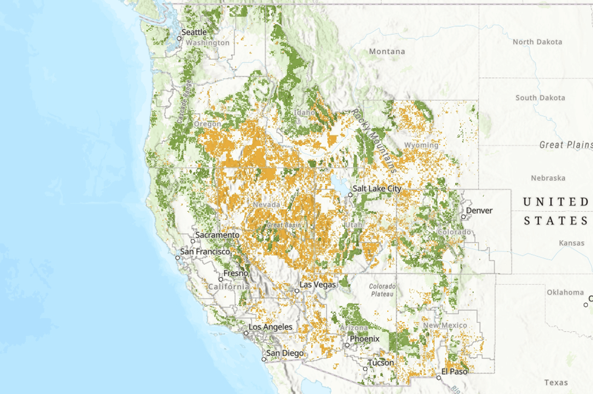 Screenshot from wilderness.maps.arcgis.com showing public lands in the Western U.S. Eligible areas for sale under the 2025 Senate proposal are highlighted in orange Map of Western United States showing eligible public lands for sale under the 2025 Senate bill. Orange areas indicate BLM and Forest Service lands across California, Nevada, Utah, Colorado, Arizona, and New Mexico that could be sold. Green areas denote existing federally protected lands. This visual illustrates the widespread impact on vanlife, dispersed camping, and outdoor recreation.
