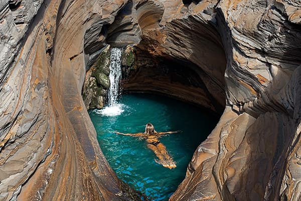 Swimming in a natural pool at Karijini National Park - @saltyvanlife 09/2022 A woman, Jade from @saltyvanlife, swimming in a turquoise natural pool surrounded by ancient red rock formations and a small waterfall at Karijini National Park, Western Australia.