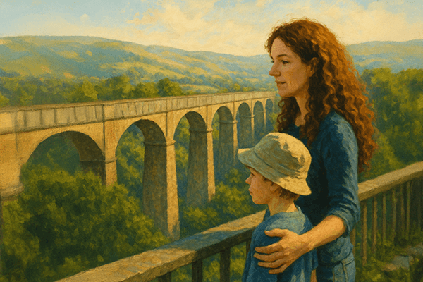 I protect him, shield his heart when I can - @cookingcampfireschromosones 05/2025 Illustration of Helen and her son Leo from “Cooking, Campfires and Chromosomes” standing side by side on a scenic overlook, gazing out at a historic stone viaduct stretching across a lush green valley. Helen, with long curly red hair, gently rests her arm around Leo, who wears a sun hat and blue shirt. The scene captures a quiet moment of connection, travel, and reflection, emphasizing the beauty of nature, family bonds, and accessible exploration.