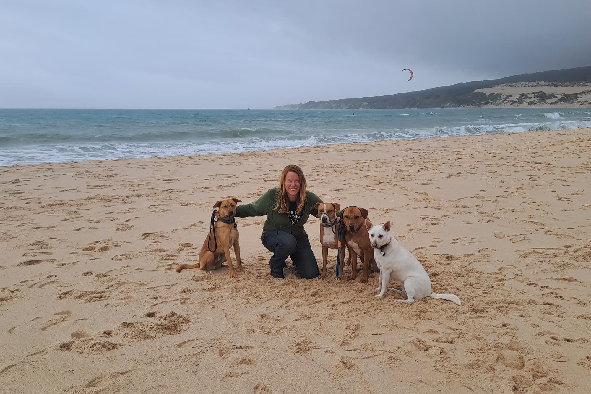 Liz with a client's dogs in Tarifa, Spain - @lizwolting 12/2024 Liz Wolting (@lizwolting), an animal behaviorist and advocate for dogs with behavioral challenges, is seen smiling on a wide, sandy beach in Tarifa, Spain. She is kneeling and surrounded by her five dogs of various sizes and breeds, all calmly sitting or standing beside her. The beach stretches toward a turquoise sea with gentle waves in the background. A cloudy sky adds a serene atmosphere, and a lone kitesurfer is visible in the distance, highlighting the coastal setting. The image reflects Liz's vanlife journey, her love for animals, and her mission to help dogs thrive.