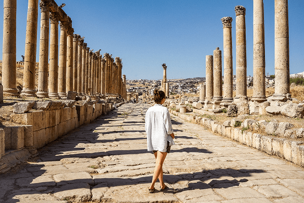 Strolling the ancient Roman colonnaded street in Jerash, Jordan - @kkdoo_pl 03/2023 Kasia from kkdoo_pl walks along the ancient Roman colonnaded street in Jerash, Jordan, surrounded by tall stone columns under a clear blue sky. The scene captures the essence of slow travel, history, and cultural exploration during their overland vanlife journey through the Middle East.