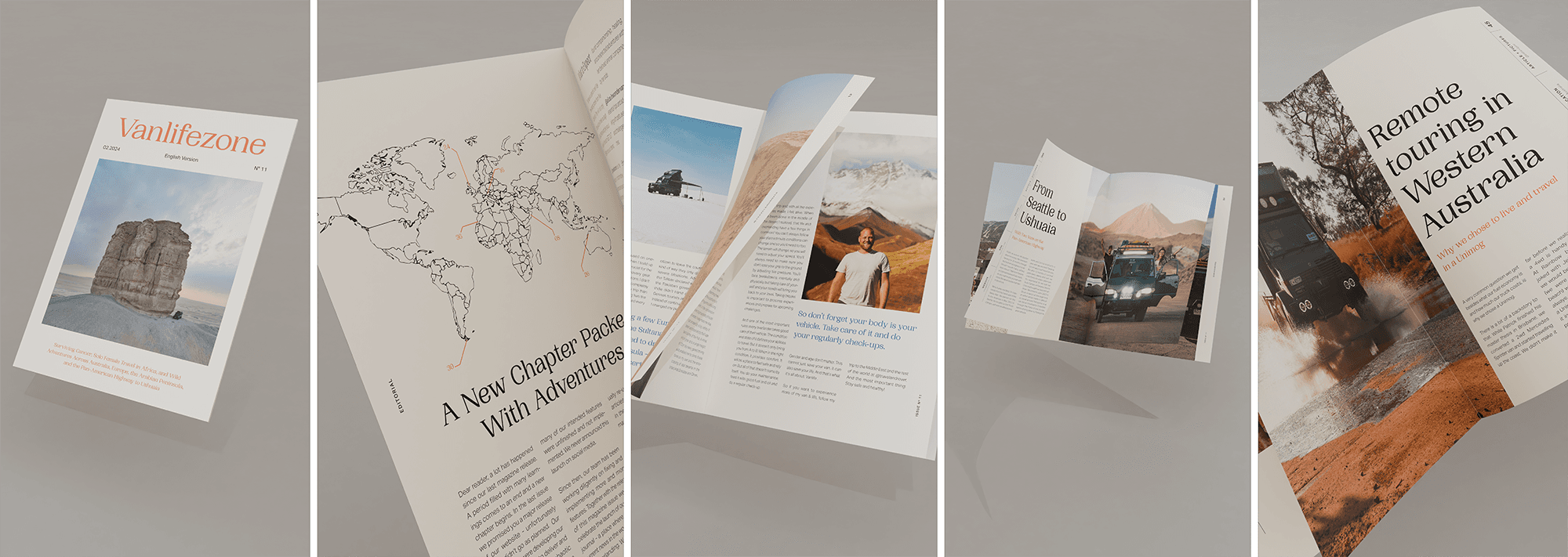 A few pages in issue 11 - @vanlifezone A series of images from a van life and adventure magazine, featuring diverse global destinations. The cover displays a rock formation in the Middle East, symbolizing the magazine's exploration theme. Inside, a map indicates the magazine stories' locations, a van is shown in a white desert landscape, a traveler's portrait suggests a long-distance journey, and an action shot of an Unimog traversing a water obstacle in Western Australia reflects the adventurous spirit of the magazine.