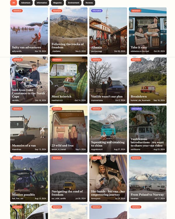 Your product will be featured alongside other engaging articles at vanlifezone.com/journal "Screenshot of the vanlifezone journal page showcasing various articles categorized under 'Adventure' and 'Informative.' The grid layout features diverse images including camper vans in scenic locations, people living the van life, and picturesque landscapes. Article titles include 'Salty van adventures,' 'Following the tracks of freedom,' 'Take it easy,' 'Vanlife wasn’t our plan,' 'Mission possible,' and more, with publication dates ranging from July to November 2024. Each card includes a label like 'Adventure' or 'Informative,' offering engaging stories and insights into vanlife experiences worldwide."